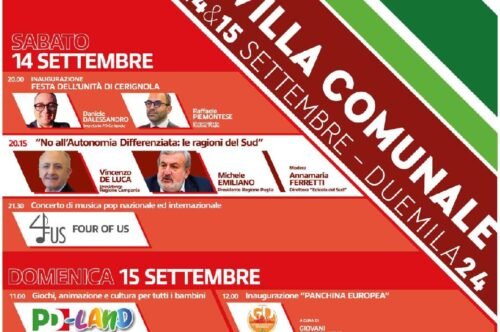 Sabato 14 e domenica 15 settembre Festa de l’Unità a Cerignola, il programma