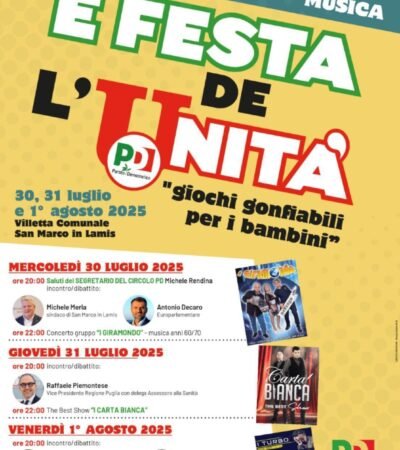 Dal 30 luglio all’1 agosto torna la Festa de l’Unità a San Marco in Lamis