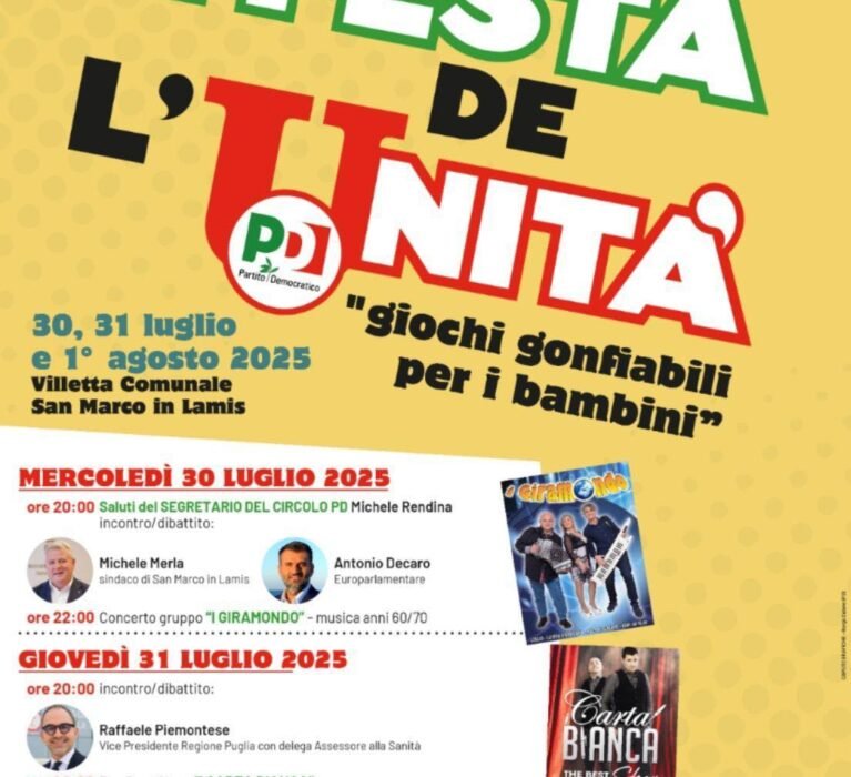 Dal 30 luglio all’1 agosto torna la Festa de l’Unità a San Marco in Lamis