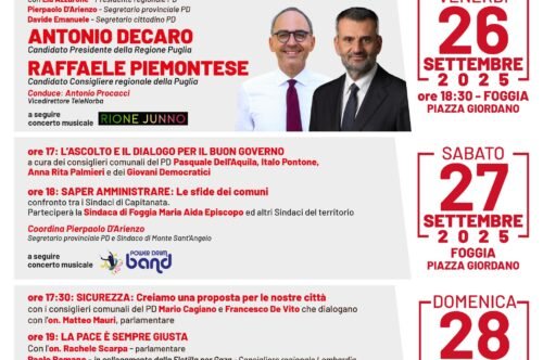 Dal 26 al 28 settembre a Foggia la Festa provinciale de l’Unità 2025, il programma
