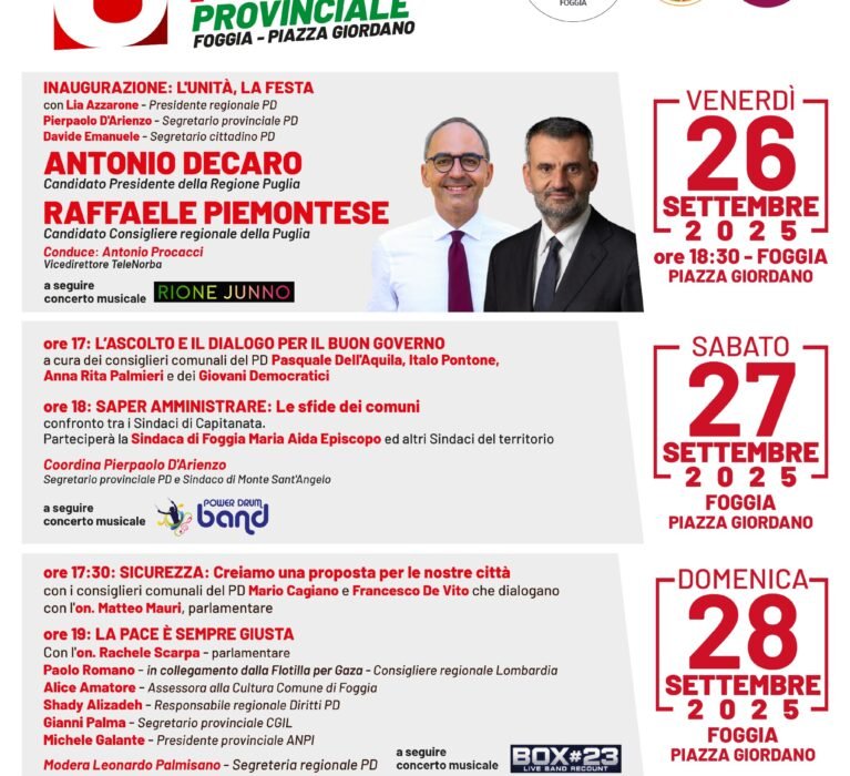 Dal 26 al 28 settembre a Foggia la Festa provinciale de l’Unità 2025, il programma