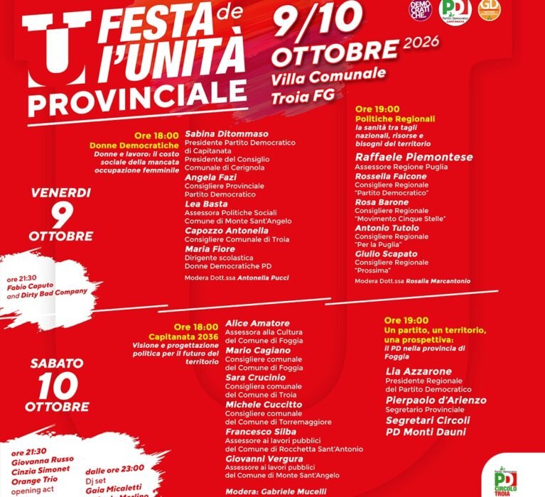 9 e 10 ottobre Festa provinciale de l’Unità a Troia: due giorni di confronto sul futuro della Capitanata